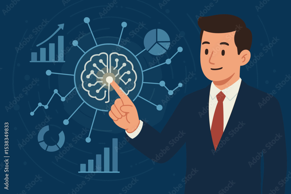 Businessman pointing at an AI brain icon on a futuristic digital interface. Concept of business intelligence, innovation, big data analysis, strategy, and machine learning. Businessman pointing at an AI brain icon on a futuristic digital interface. Concept of business intelligence, innovation, big data analysis, strategy, and machine learning.