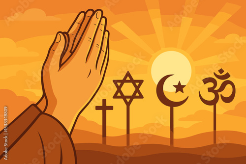 Praying hands with religious symbols of Christianity, Islam, Judaism, and Hinduism at sunset. Interfaith dialogue and unity concept. Spiritual peace and tolerance vector illustration.