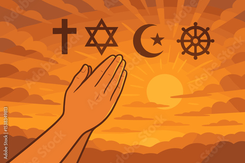 Interfaith prayer concept. Religious harmony. Praying hands. World religions symbols. Christian cross. Jewish Star of David. Islamic crescent. Buddhist wheel. Unity. Peace. Faith.