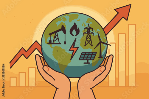 Energy crisis concept vector illustration. Hands holding globe with power icons for fossil fuel, solar, wind. Rising chart represents price increase, inflation, and high cost of electricity.