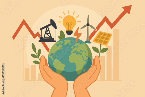 Energy crisis concept. Hands hold Earth globe with renewable energy like solar and wind vs fossil fuel oil derrick. Rising price graph. Sustainability and environmental issue.