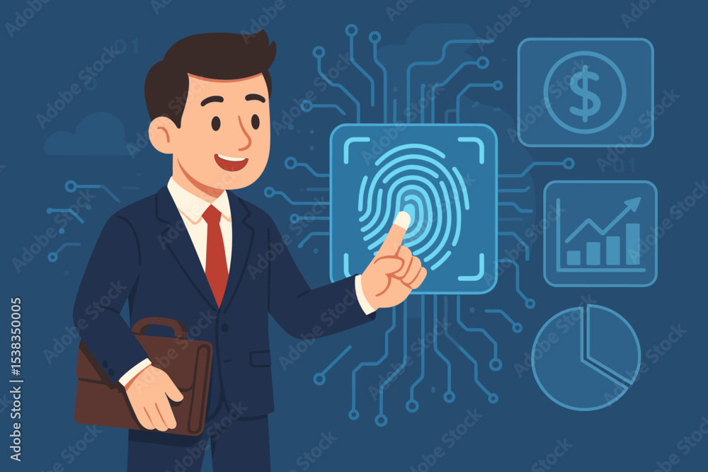 Businessman using fingerprint scan for biometric authentication on a virtual interface. Cybersecurity technology for financial data protection, business access control, and fintech. Businessman using fingerprint scan for biometric authentication on a virtual interface. Cybersecurity technology for financial data protection, business access control, and fintech.