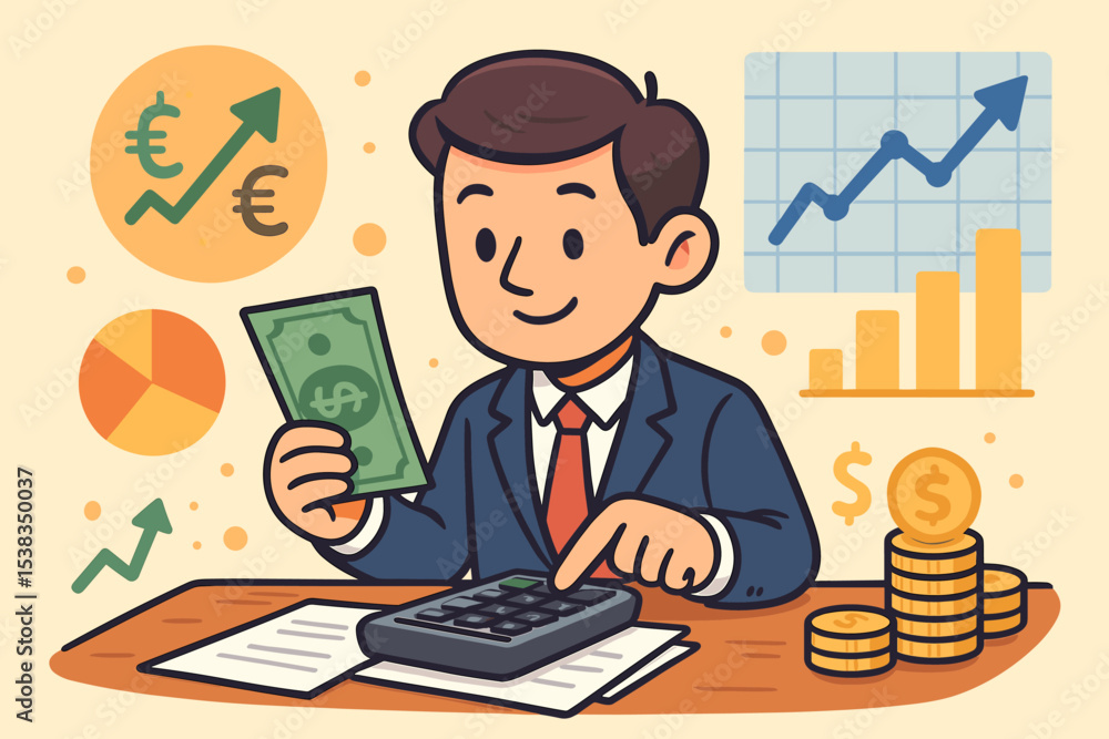 Businessman calculating finances on a calculator. Cartoon accountant managing budget and savings. Concept of financial analysis, investment growth, profit, and economic success. Businessman calculating finances on a calculator. Cartoon accountant managing budget and savings. Concept of financial analysis, investment growth, profit, and economic success.