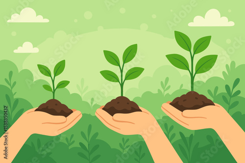 Hands holding plant growth stages from seedling to sapling. Concept of business development, financial investment, progress, and success. Nurturing new life for environmental care.