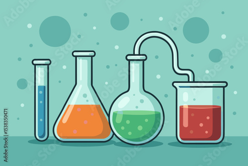 Science laboratory chemistry experiment vector illustration. Research concept with lab equipment glassware, flask, test tube and beaker with colorful chemical liquid solution.