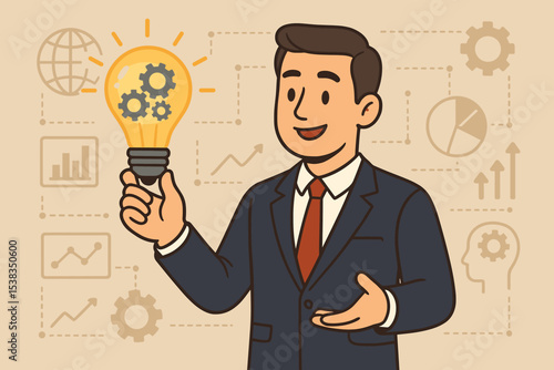 Innovative business idea concept. Businessman holding lightbulb with gears inside. Metaphor for creativity, strategy, workflow, solution, and success. Infographic background.