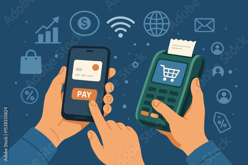 Contactless mobile payment with smartphone. Hand uses credit card app to pay at POS terminal. Fintech technology concept, e-commerce, digital wallet, online shopping vector.