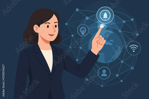 Businesswoman touching futuristic interface. Global network connection concept. Technology and innovation. Startup launch with rocket icon. Business strategy and growth. Digital transformation.