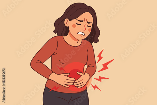 Woman with stomach ache feeling pain. Unwell girl holding her abdomen suffering from menstrual cramps, period, PMS, indigestion or gastritis. Sick female with health problem.
