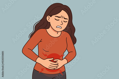 Woman suffering from severe stomach ache, holding her painful abdomen. Vector illustration of a girl with menstrual period cramps, food poisoning, gastritis, or digestive problems.