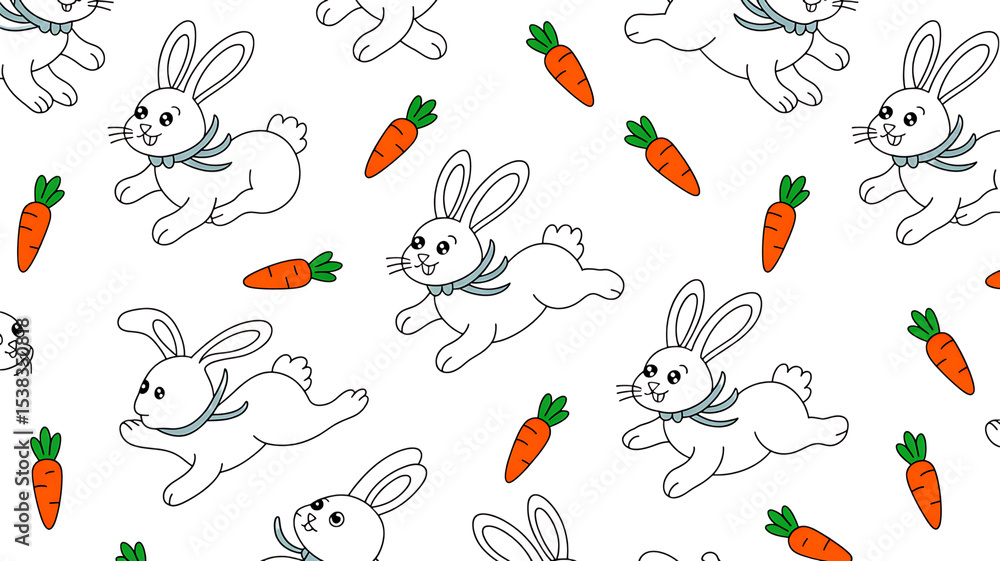 Fototapeta premium Whimsical cartoon bunny pattern with carrots on black background for springtime design