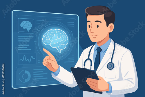 Doctor analyzing brain scan on a futuristic interface. Neurology, neuroscience and medical technology concept. AI in healthcare, patient diagnosis and modern brain research vector.