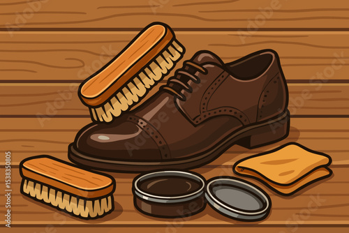 Shoe shine kit with classic brown leather men's shoe. Vector illustration of footwear care with polish, wax, brush, and cloth on a wooden background. Gentleman's service concept.
