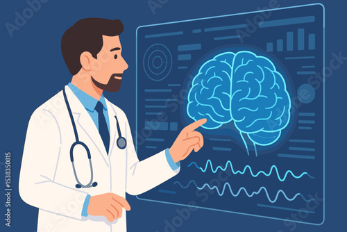 Male doctor neurologist analyzing a human brain scan on a futuristic digital screen. Medical research, healthcare innovation, neurology diagnosis, and modern medicine concept vector.