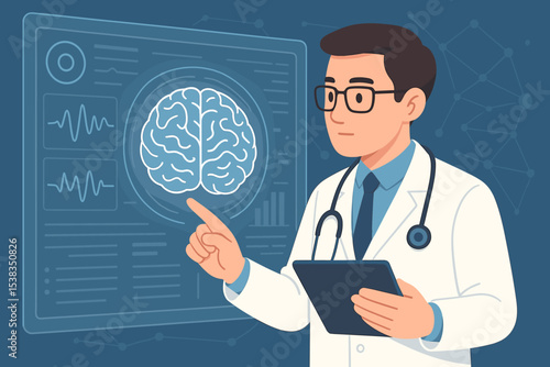 Medical technology innovation concept. Doctor or neurologist analyzing human brain scan results and EEG data on a futuristic holographic screen. Neurology, healthcare, and AI research.