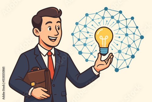 Businessman with an innovative idea. Entrepreneur cartoon character holding a glowing lightbulb. Concept for creativity, solution, strategy, startup, and technology network.