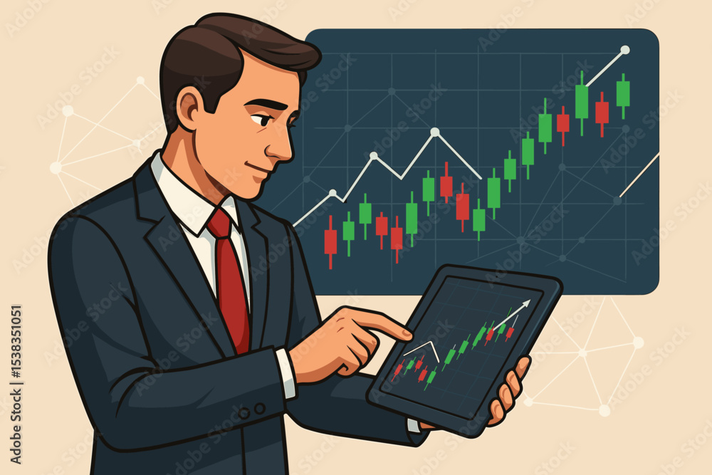 Businessman investor analyzing stock market data on tablet. Trader or broker with candlestick chart showing growth. Concept of finance, investment, forex, crypto and success. Businessman investor analyzing stock market data on tablet. Trader or broker with candlestick chart showing growth. Concept of finance, investment, forex, crypto and success.