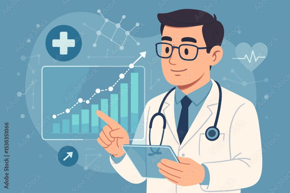 Doctor analyzing medical data on a tablet. Healthcare technology concept with physician pointing at futuristic screen with growth chart. Health statistics research and EMR monitoring. Doctor analyzing medical data on a tablet. Healthcare technology concept with physician pointing at futuristic screen with growth chart. Health statistics research and EMR monitoring.