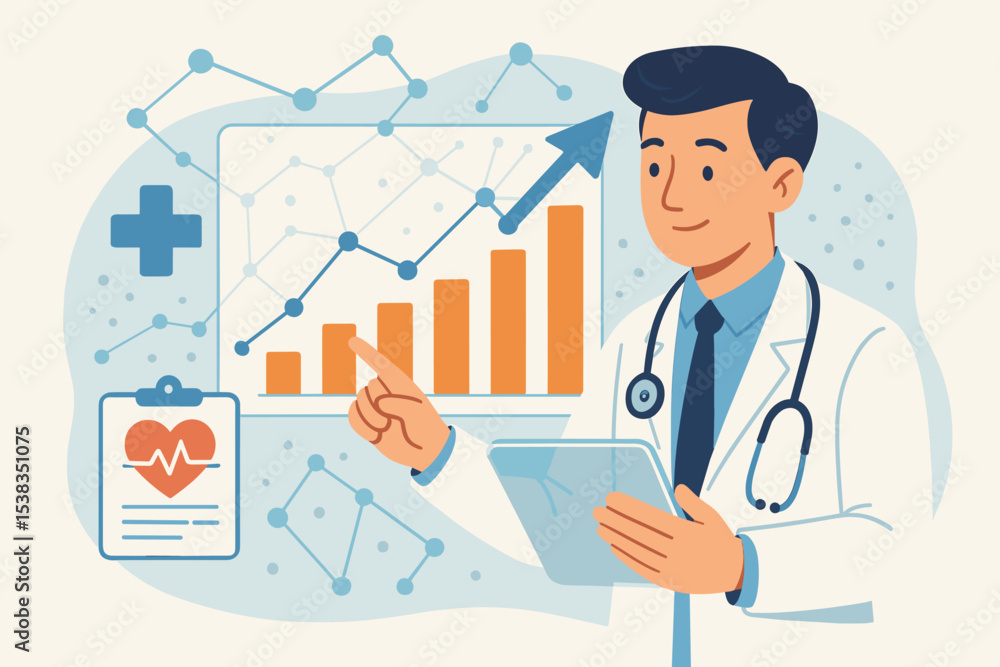 Doctor analyzing medical data and statistics on screen. Healthcare professional with tablet pointing at growth chart. Medical report, health progress, and technology concept. Doctor analyzing medical data and statistics on screen. Healthcare professional with tablet pointing at growth chart. Medical report, health progress, and technology concept.