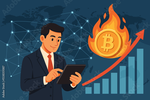 Businessman investor trading hot cryptocurrency on tablet. Bitcoin BTC on fire with growth chart and arrow up. Global finance, blockchain network and stock market success concept.