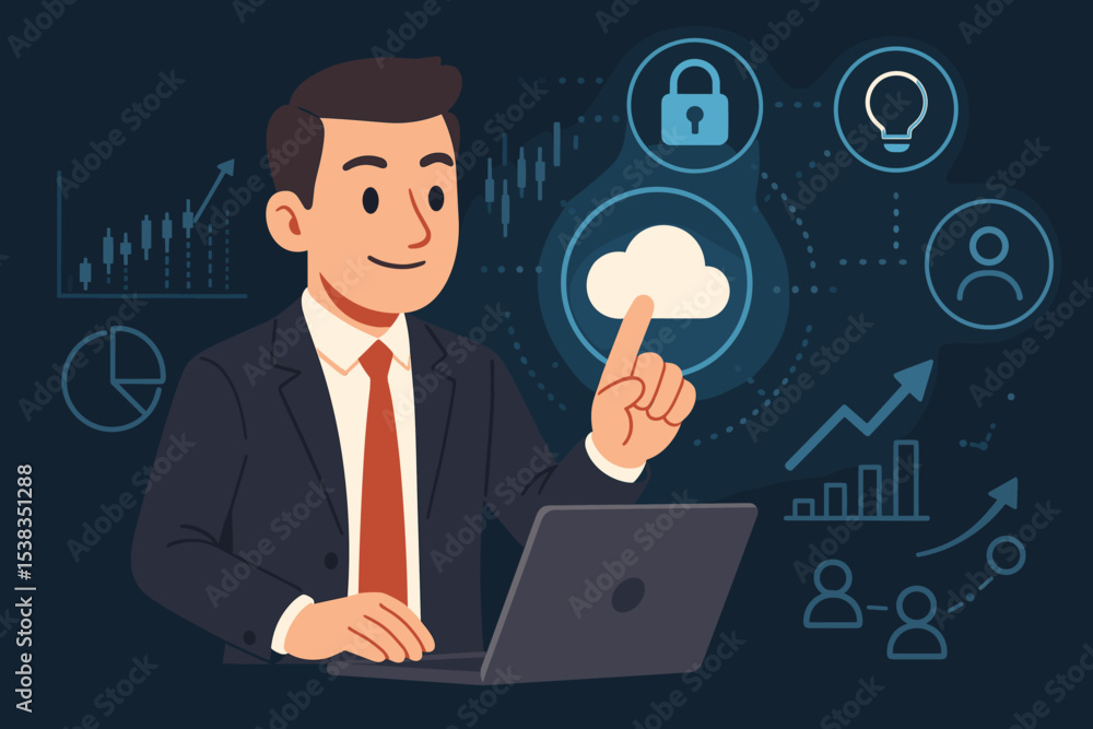 Businessman using cloud computing technology for data analysis and security. Tech savvy manager at laptop with futuristic interface, charts, and graphs for business strategy and growth. Businessman using cloud computing technology for data analysis and security. Tech savvy manager at laptop with futuristic interface, charts, and graphs for business strategy and growth.