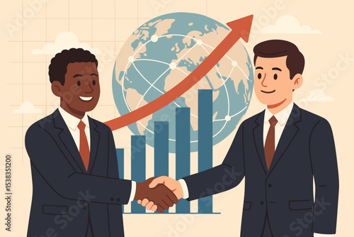 Diverse businessmen shaking hands. Global business partnership and international agreement concept. Financial success, teamwork, and economic growth. Vector with world globe and chart.