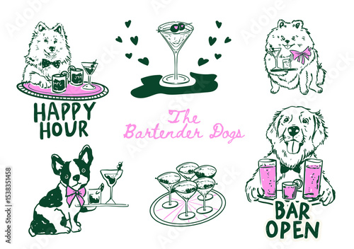 Photography Set of whimsical Waiter dogs illustrations, Hand drawn Bartender dogs and cockta