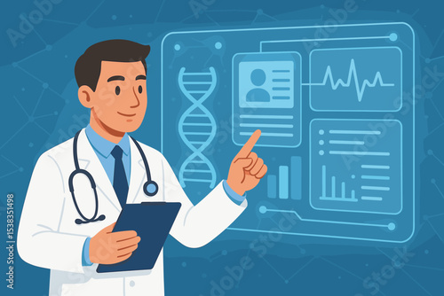 Doctor analyzing electronic patient data on a futuristic interface. Healthcare technology concept for telemedicine, medical records, AI diagnosis, DNA research, and e-health innovation.