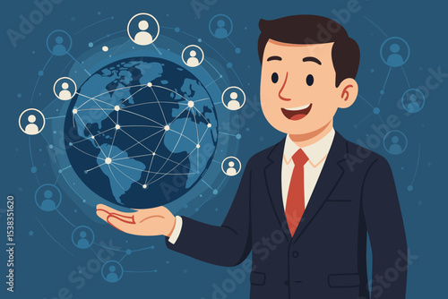 Businessman illustrating a global business network. Man holding an Earth globe with connection lines and people icons. Concept for international trade, communication, and technology.