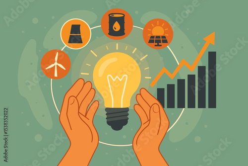 Sustainable Energy Generation Solutions Concept. Renewable and Nonrenewable Sources, Wind, Solar, Oil, Nuclear Power. Light Bulb Innovation, Growth Chart, Clean Technology Future Illustration