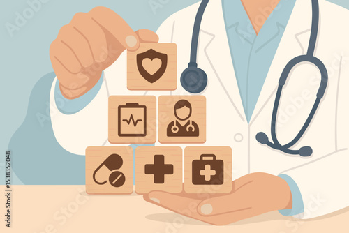 Doctor Healthcare Concept with Medical Icons on Wooden Blocks, Stethoscope, Medicine, First Aid, Cross Symbol, Heart Shield, Medical Record, Health Insurance, Hospital Care Illustration