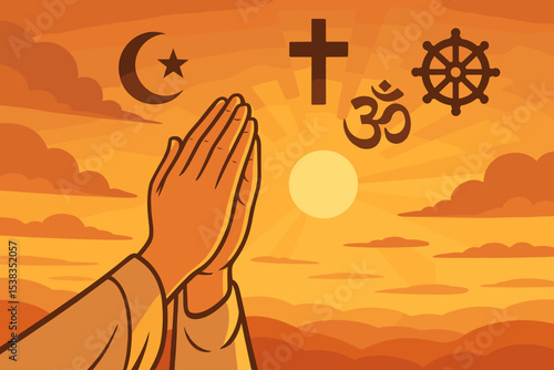 Praying Hands at Sunset with Multi-Faith Religious Symbols, Islam, Christianity, Hinduism, Buddhism, Spirituality, Unity, Worship, Meditation, Peaceful Sunrise, Diversity, Harmony Illustration