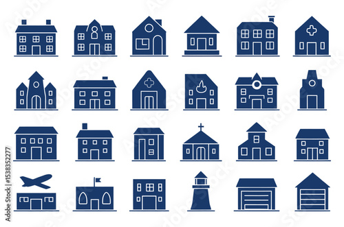 Vector illustration of various building icons representing residential commercial and public structures silhouetted