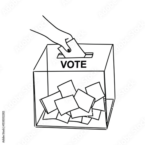 Voting Ballot Box Line Art Icon with Hand Casting Vote for Election and Democracy .