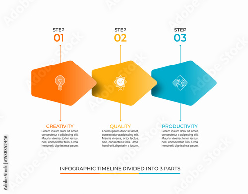 Colorful 3-step infographic timeline vector template. Clean and minimal layout ideal for presentations, reports, strategy planning, or corporate visuals. Fully editable and scalable.