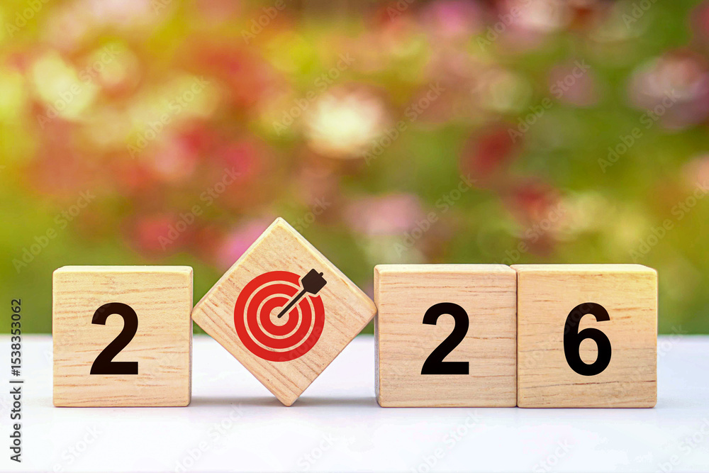Naklejka premium 2026 new year goal plan action. Goal achievement. Ambition aiming success. Setup objective target business planning of new year concept. business planning in 2026. Target concept for new year 2026