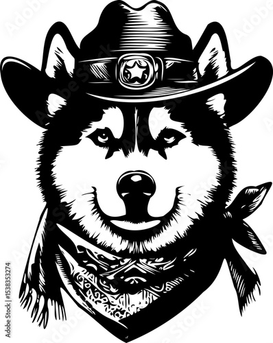 SVG Laika dog in a cowboy hat black and white vector file for printing, cutting