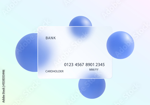 White frosted glass credit card with blue 3D spheres on soft pastel gradient background, glass morphism style image.