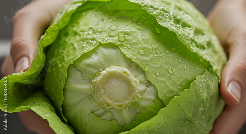 Freshly Washed Lettuce Head Held Gently, Water Droplets Gleaming on Green Leaves