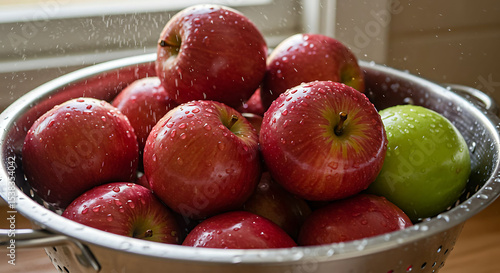 Freshly Washed Apples in a Colander with Water Droplets and Green Apple