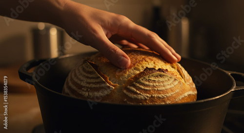 Freshly Baked Artisan Bread in Dutch Oven, Warm Lighting, Close Up
