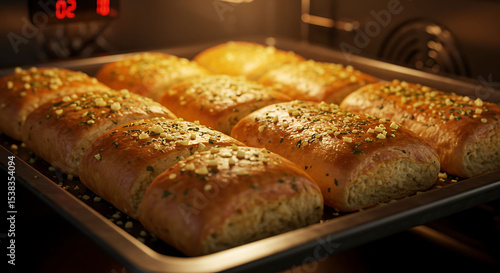 Golden Garlic Bread Loaves Baking Inside Oven with Fresh Herbs and Cheese