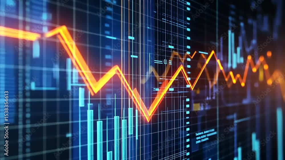 Vibrant digital stock market graph displaying fluctuating trends and data analysis in a tech environment Vibrant digital stock market graph displaying fluctuating trends and data analysis in a tech environment
