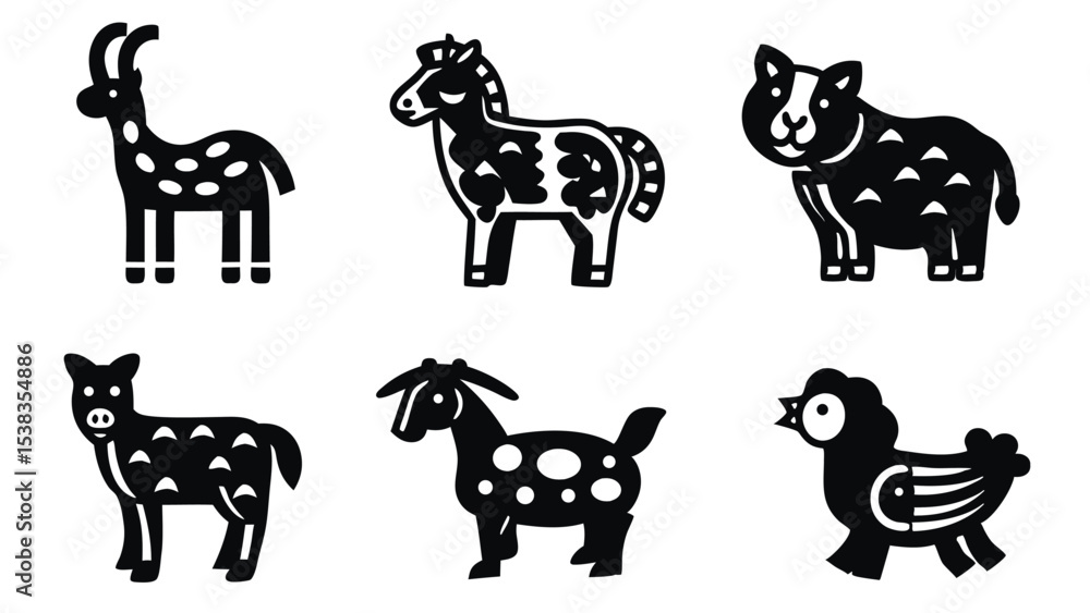 Fototapeta premium Various stylized black farm animals, including a horse, cat, goat and chicken are shown