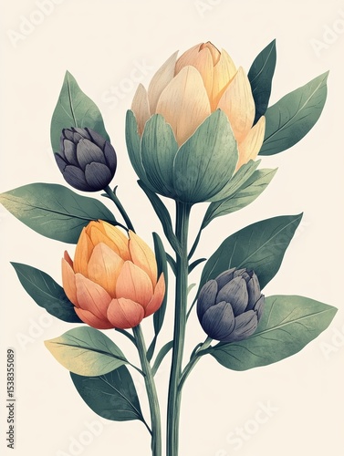 Selective focus. Art style illustration of artichoke as creative botanical design