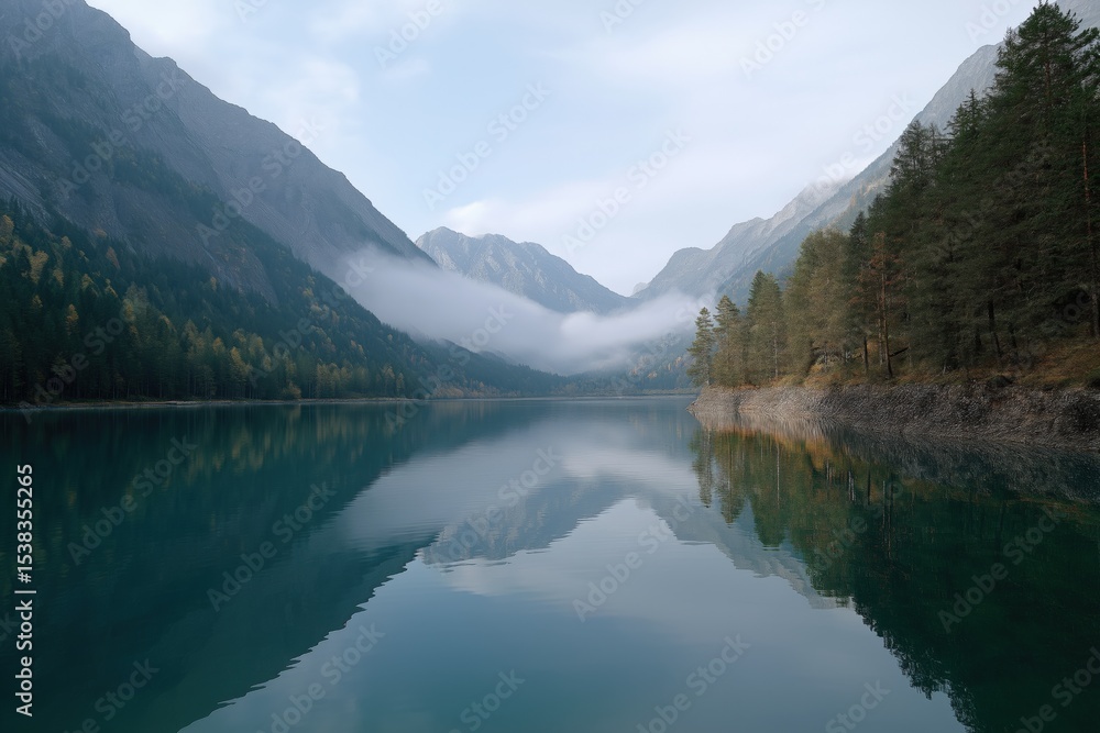 Fototapeta premium Tranquil mountain lake with fog and pine forest reflections