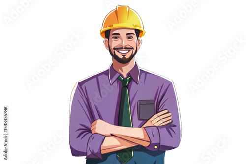 architect smiling proudly on construction site, showcasing creativity, building design, architectural planning, and professional success in modern urban development projects
