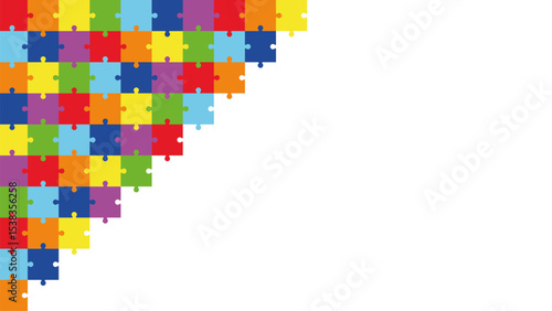 Colorful puzzle corner background design with blank white space for text or logo. Educational jigsaw border for kids projects, school activities, learning materials, or playful presentations.