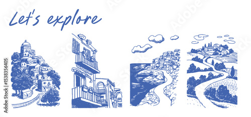 Set of traditional Italian hand drawn style scenes. Summer vacation and Italy tourism