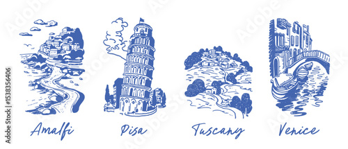 Set of traditional Italian hand drawn style scenes. Summer vacation and Italy...